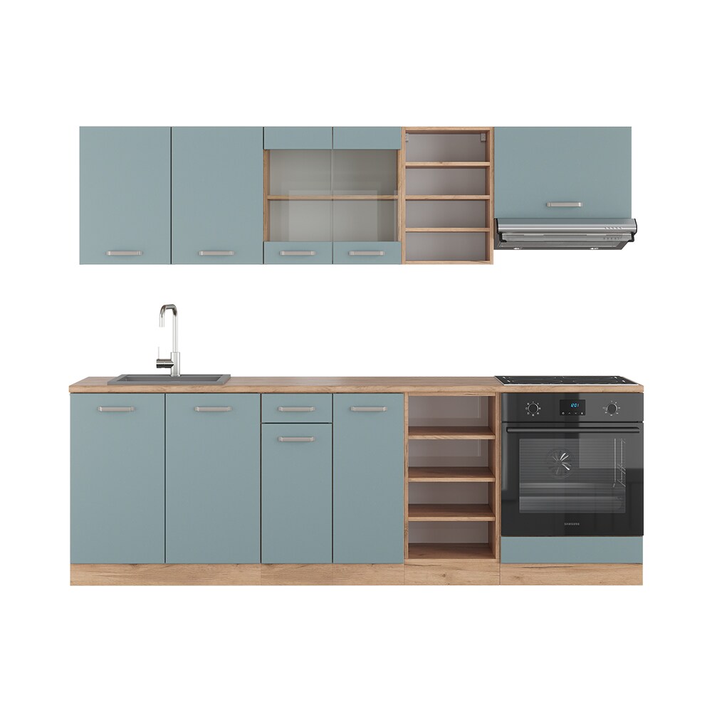 Vicco Küchenzeile R-Line Solid Eiche Blau Grau 240 cm modern Küchenschränke Küchenmöbel