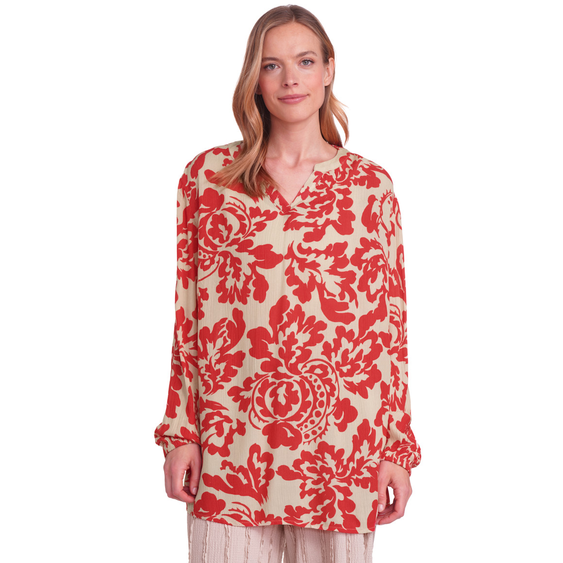 Gina Benotti Damen Bluse mit Ballonärmeln rot / cremeweiss