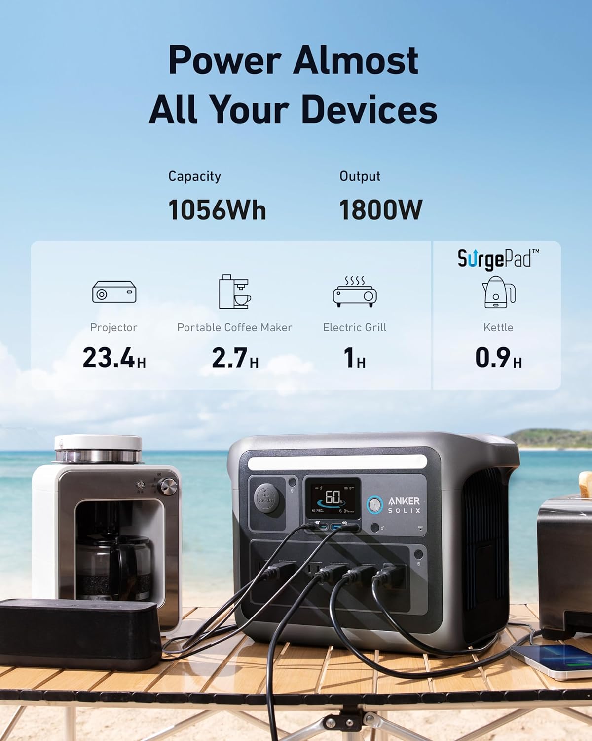 Anker SOLIX C1000 Station d'alimentation portable, générateur solaire 1800 W (pic 2400 W), charge complète en 58 minutes, batterie LiFePO4 1056 Wh pour sauvegarde à domicile, pannes de courant et