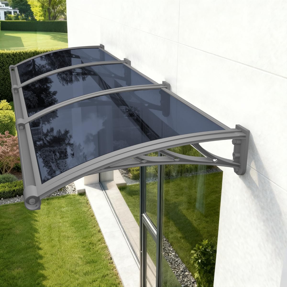 Vordach für Haustür, Überdachung Haustür mit Waschbecken aus Aluminium fur Markisen Fenster Türen Außenbereiche UV- Regen- Schnee- Sonnenschutz,Grau Platte-Grau PC Halterung 120x185cm