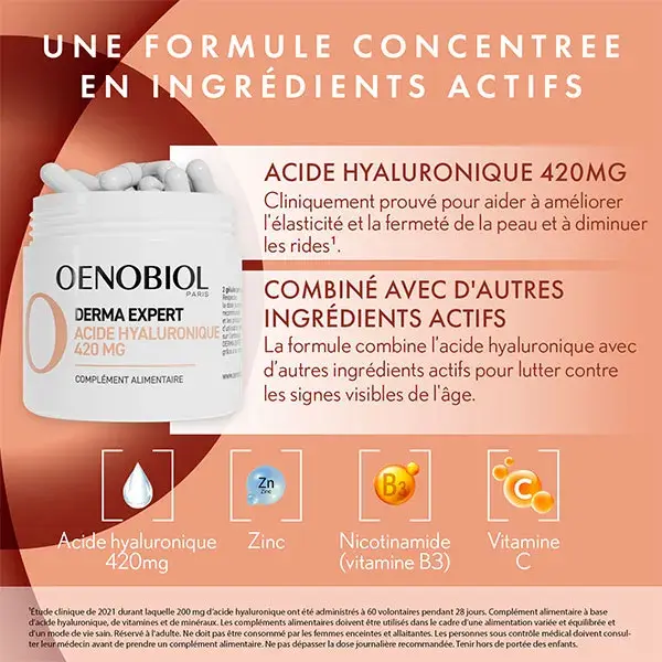 Suplemento alimentar antirrugas com ácido hialurônico Oenobiol Derma Expert, 60 cápsulas.
