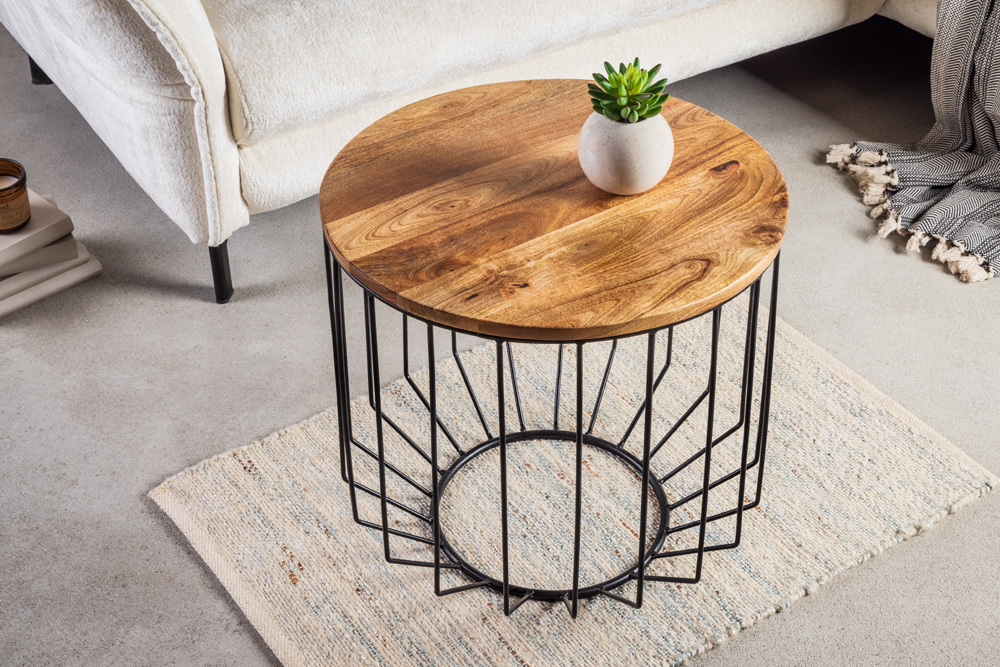 Runder Couchtisch FACTORY LOFT 50cm natur Mangoholz schwarzes Metallgestell handmade