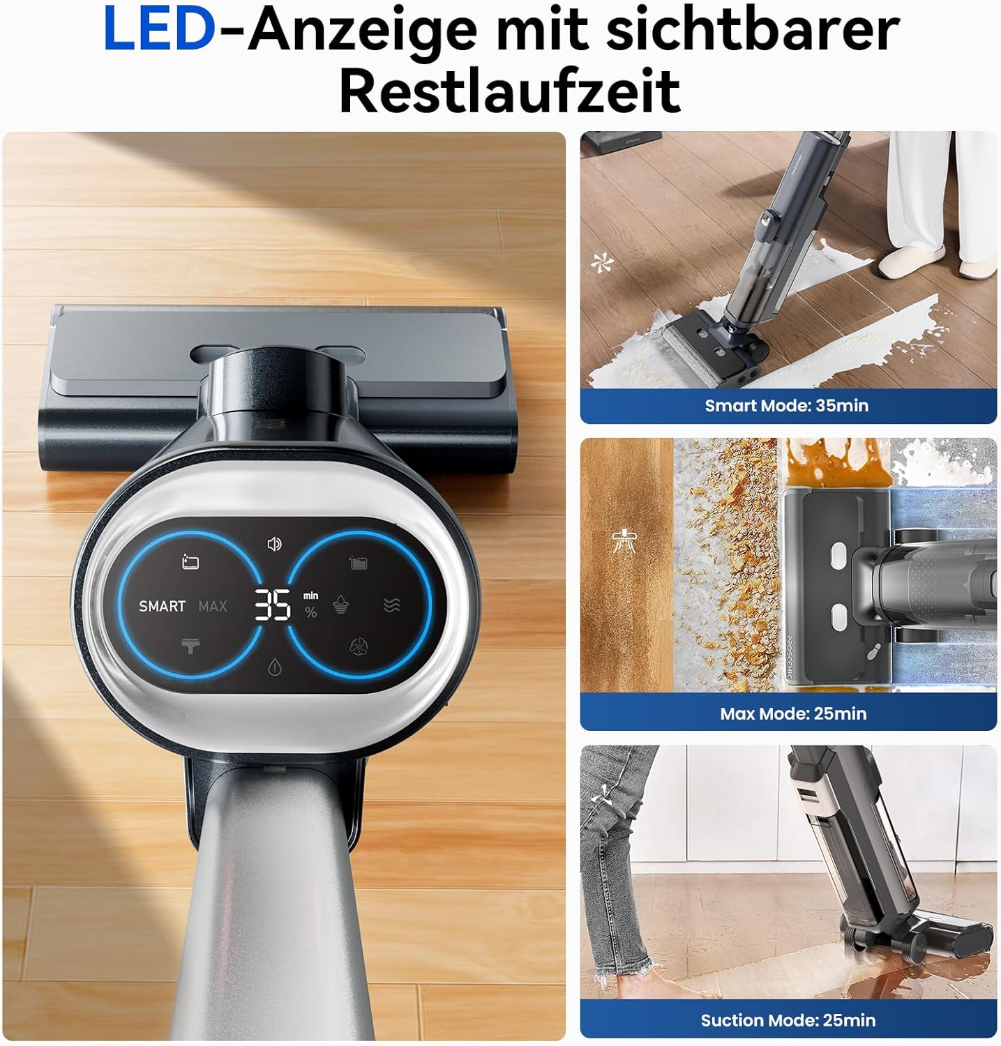 Proscenic F20A Nass-Trockensauger, Saugwischer Smart 3 in 1, Leichtgewicht, Leise, 2L Tank, Selbstreinigungs, LED-Display, Staubsauger mit Wischfunktion für Reinigen von klebrigem Schmutz, Hartböden