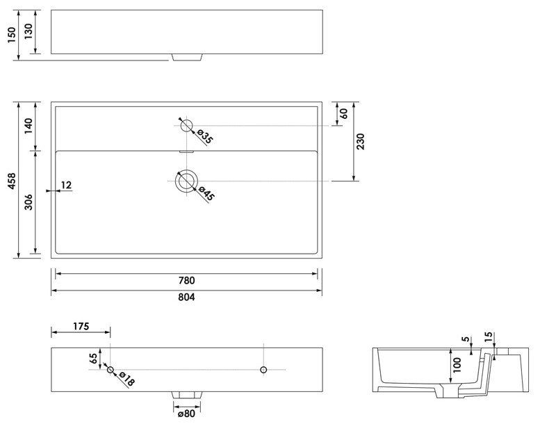 Brauer Gravity enkele wastafel mineraalmarmer 80cm met kraangat wit glans