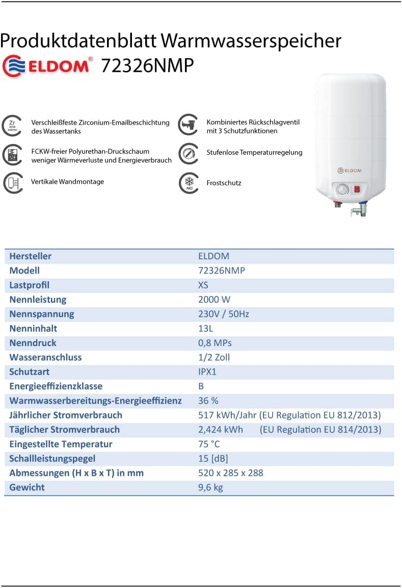 Eldom 72326NMP Warmwasserspeicher/Boiler 15L Übertisch druckfest, 230V, Weiß, XS