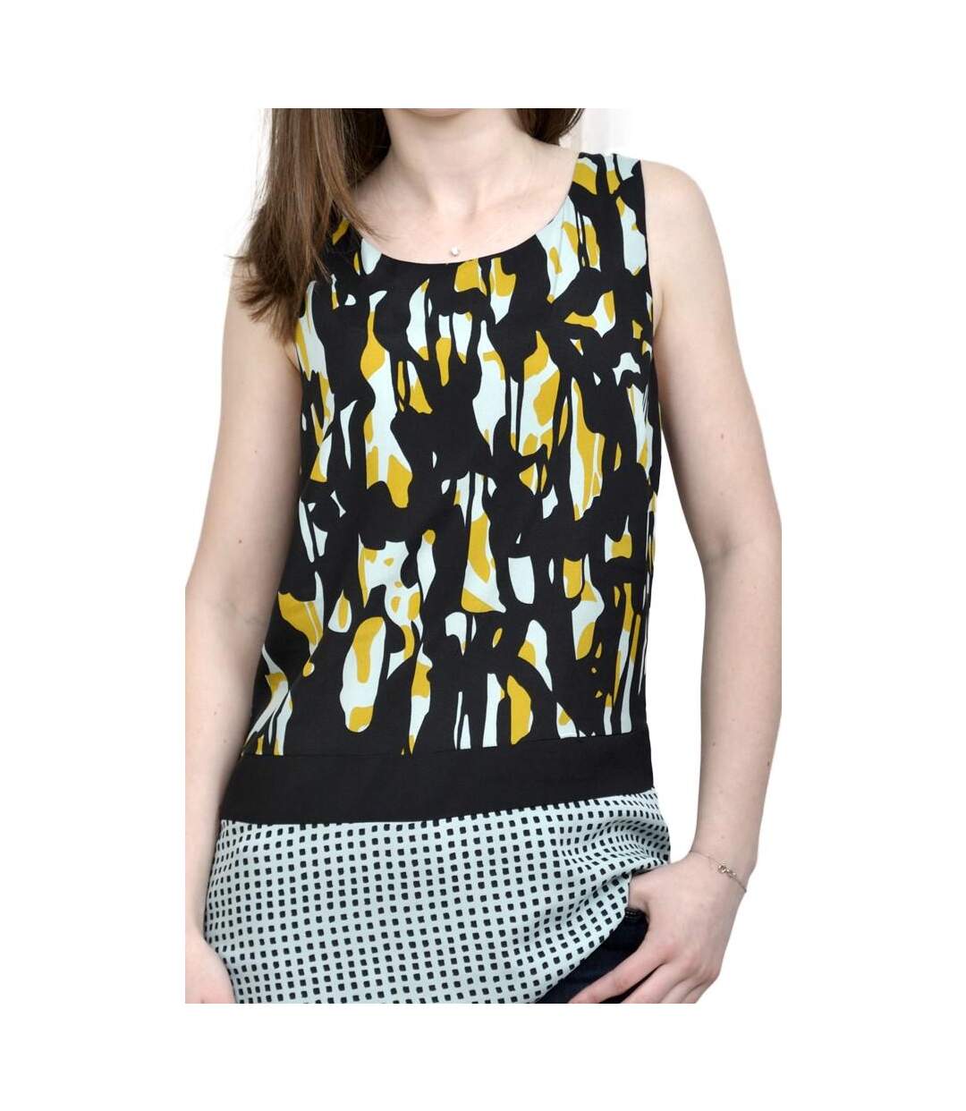 Tunique débardeur femme motif imprimé couleur noir large bretelle