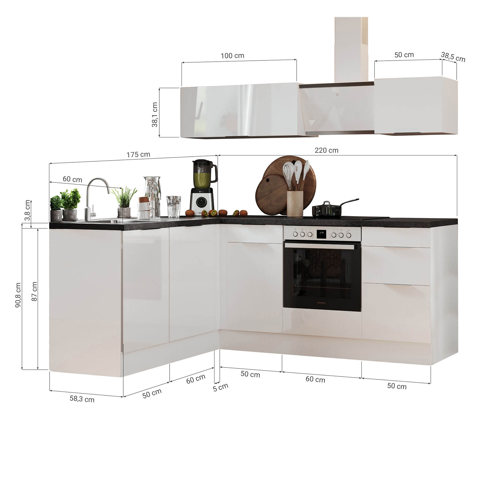 RESPEKTA Winkelküche - weiß Hochglanz - Artisan Eiche - mit E-Geräten - 220 cm