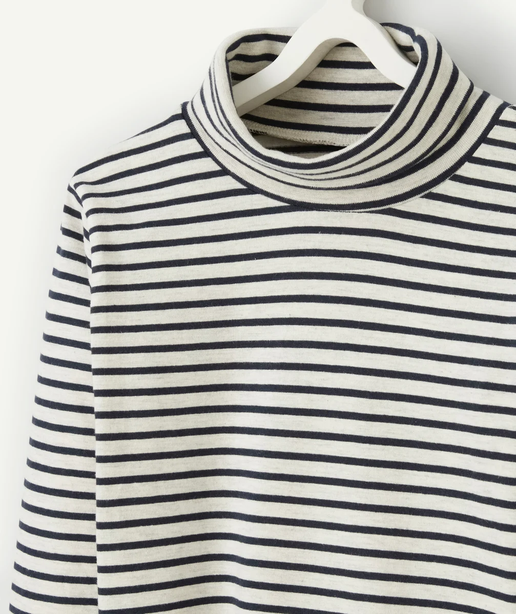 SOUS-PULL MANCHES LONGUES GARÇON EN COTON BIOLOGIQUE À RAYURES GRIS ET BLEU