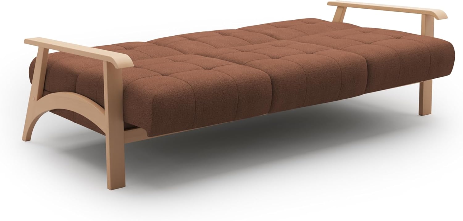 Cavadore 3er-Sofa Billan / 3-Sitzer Schlafsofa im skandinavischen Design mit Bett und massivem Holzgestell in Buche / 199 x 88 x 106 / Mehrfarbiger Strukturstoff, Rot-Braun