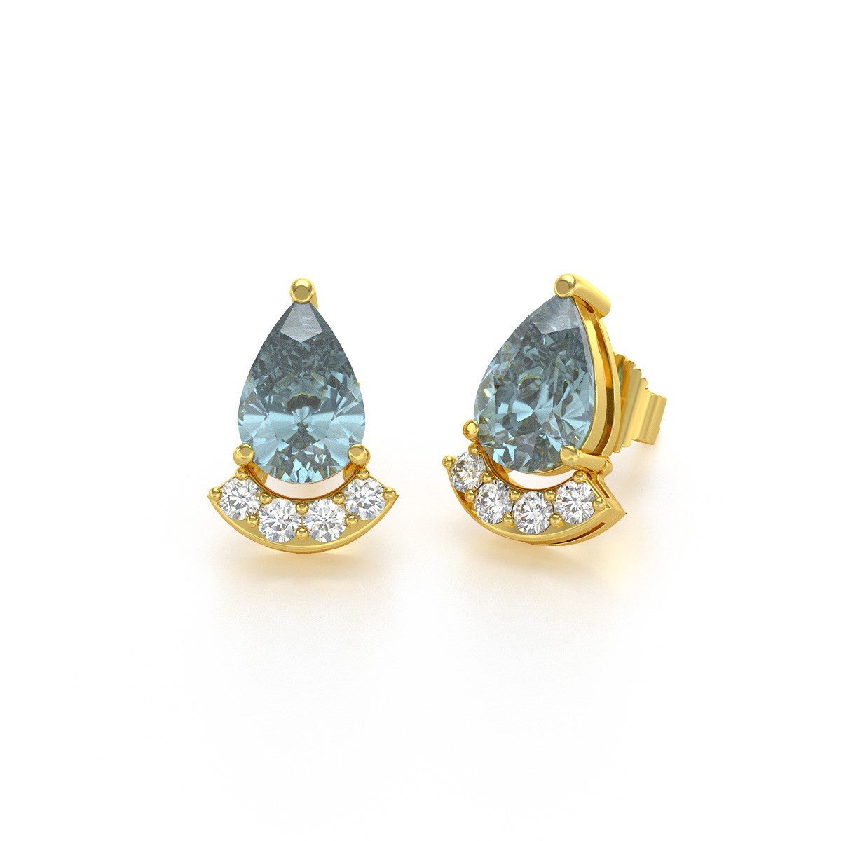 Boucles d'oreilles ADEN Or 585 Jaune Aigue-Marine forme Poire et Diamants 1.4grs