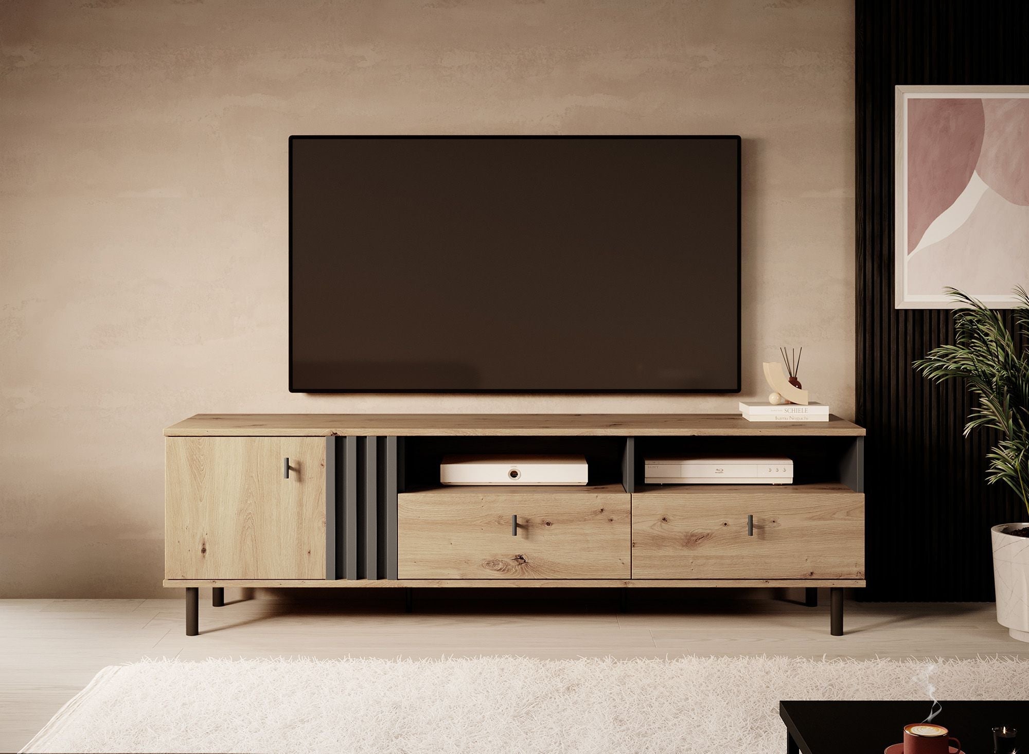 Meubella - TV-Meubel Marcos - Eiken - Antraciet - 165 cm