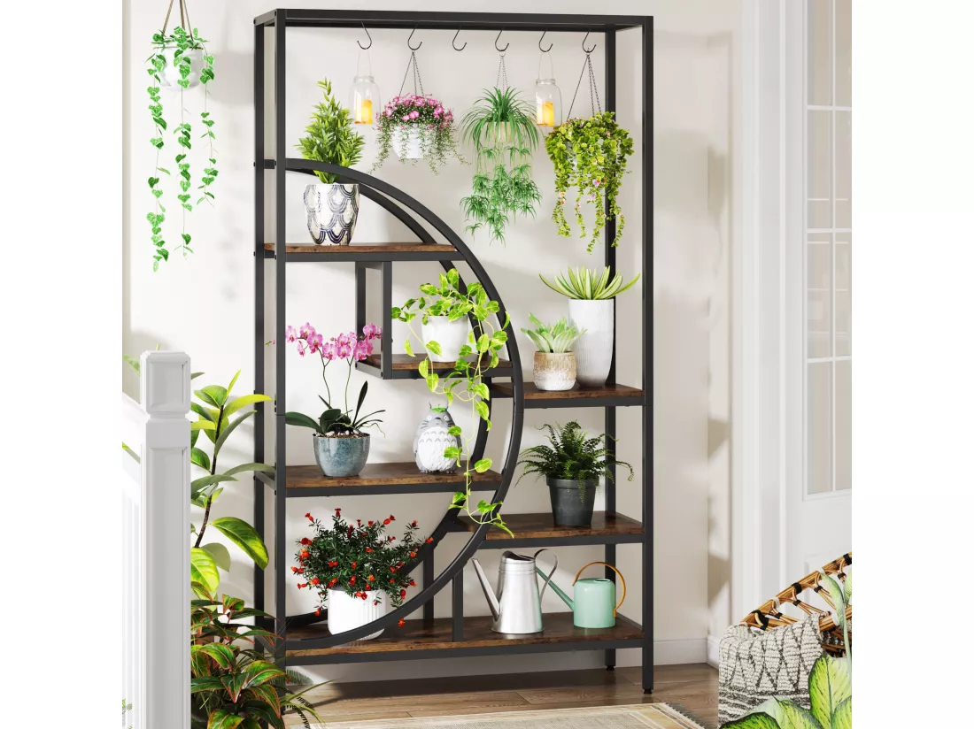 Support pour plantes d'intérieur à 7 niveaux, étagère pour plantes en forme de demi-lune de 180 cm avec 6 crochets de suspension en S, 1pc