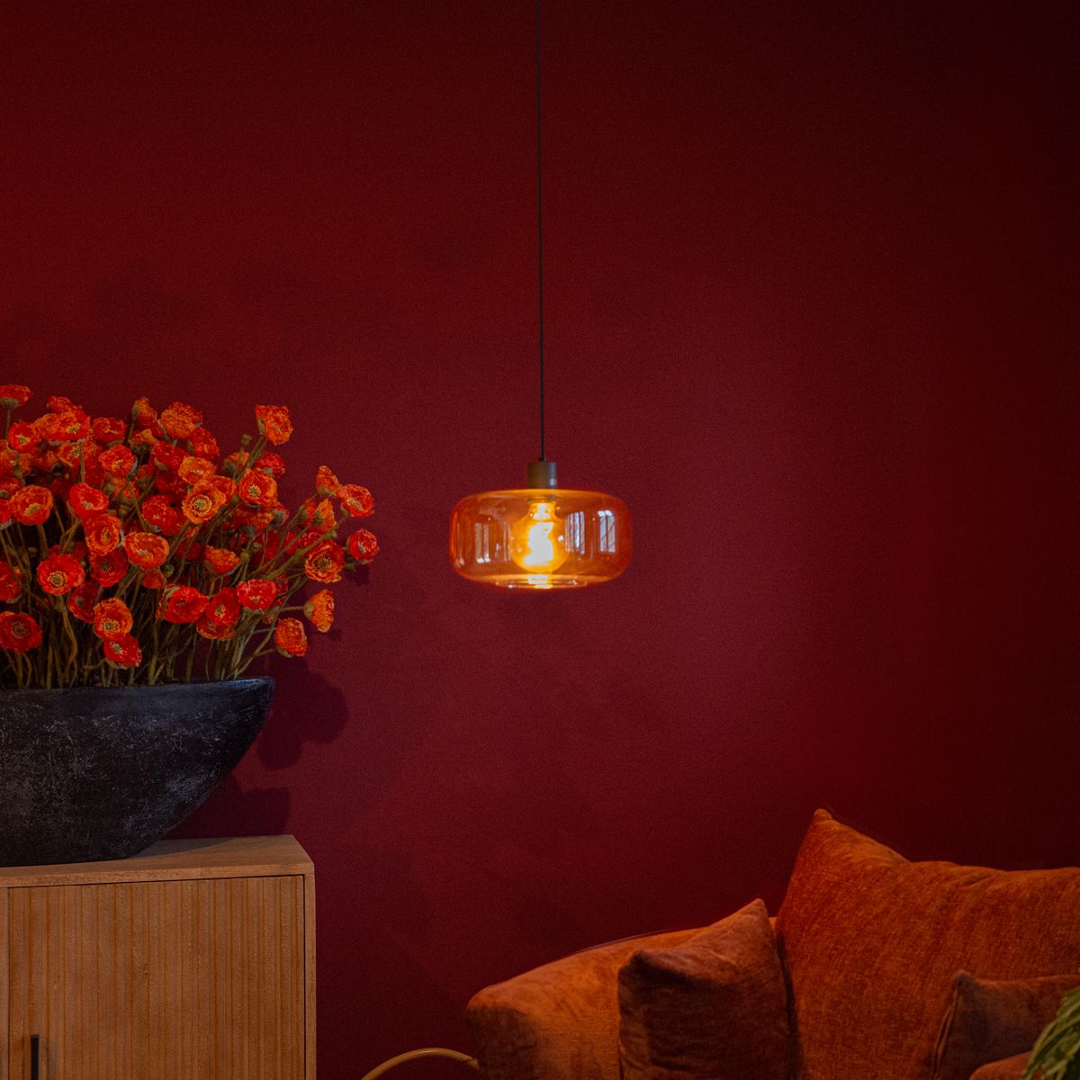 Art Deco hanglamp zwart met amber glas - Bizle