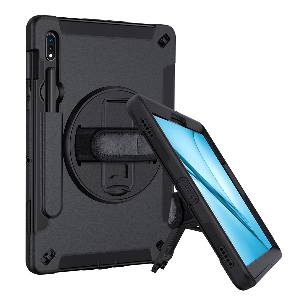 Samsung Galaxy Tab S7 FE 5G Hybrid Outdoor Case Hülle Handschlaufe   Schultergurt - Schwarz