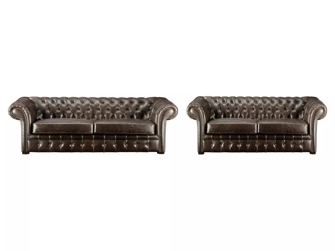 Canapés 3 places et 2 places chesterfield CLOTAIRE 100% cuir vieilli