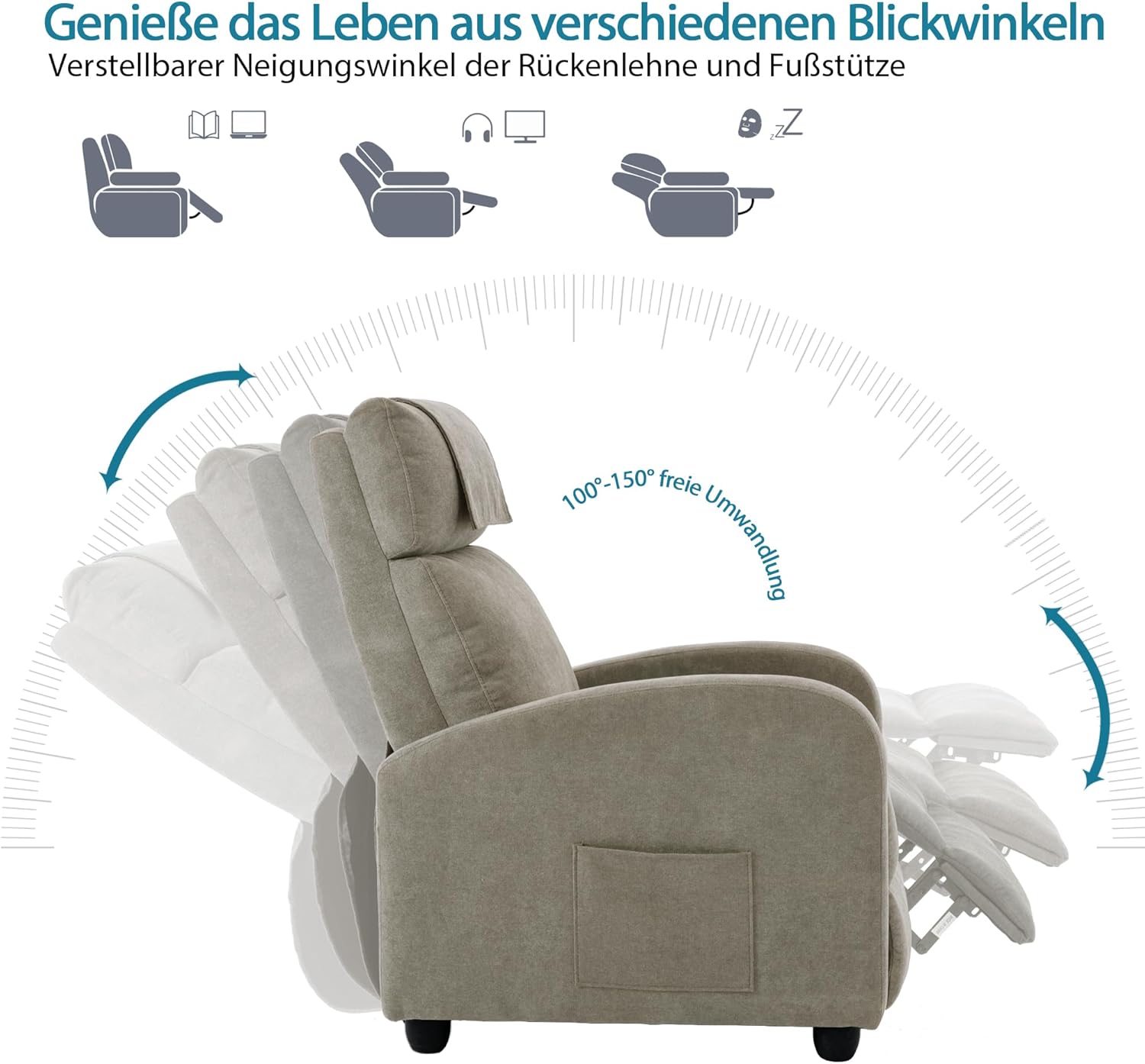 Relaxsessel Ergonomisch Massagefunktion, Einzelsofa Liegefunktion mit Heizung, Lesesessel Fernsehsessel Körper Vibration Sessel, Gesund Loungesessel Polstersessel, 67.5X87X100 cm (Beige)