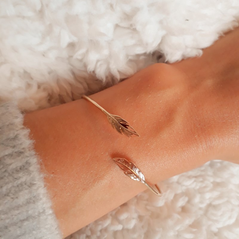 Jonc Bracelet Fin Plaqué Or Mode Tendance Plume