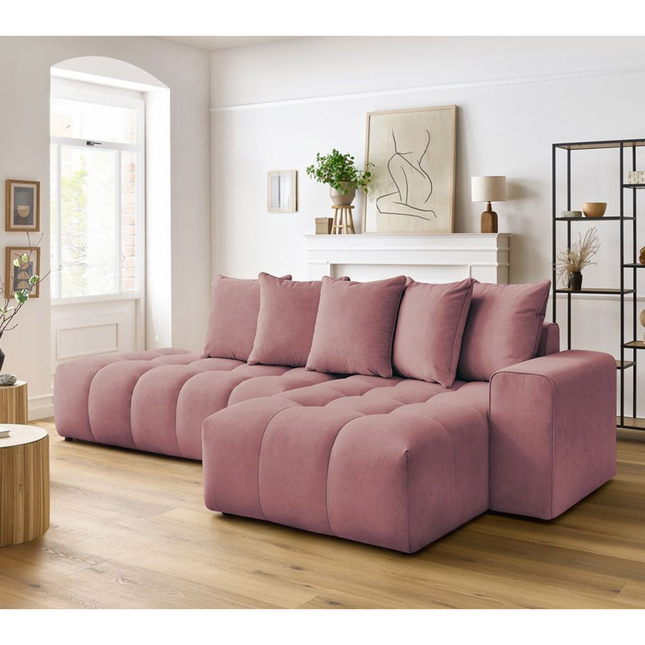 Bobochic Canapé d'angle fixe mont-blanc velours angle droit rose - 313x176x97 cm