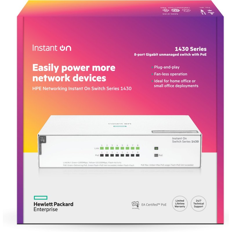 HPE Aruba Networking Networking Instant On Switch 8p Gigabit CL4 PoE 64W 1430