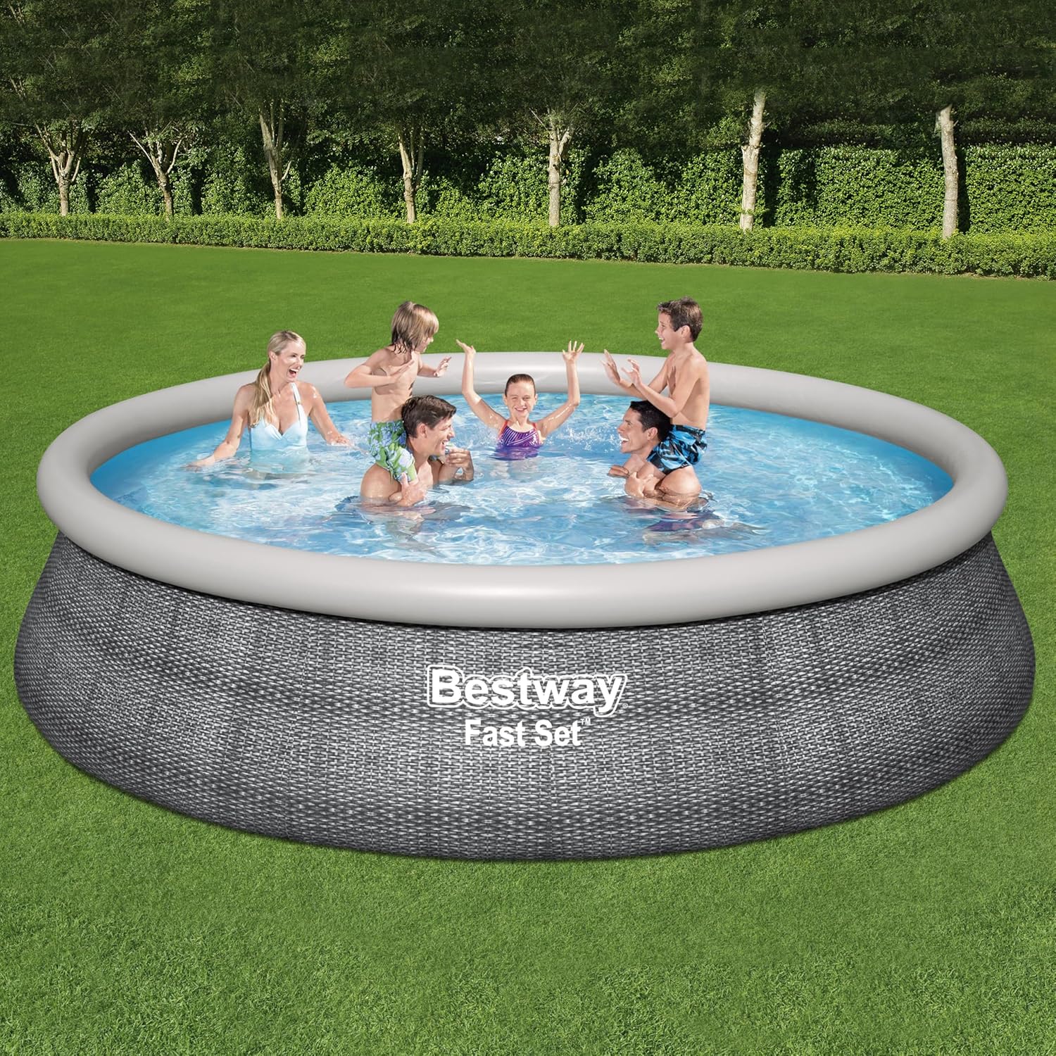 Bestway Fast Set Pool, 457 x 107 cm, Komplett-Set mit Filterpumpe, rund, graue Rattan-Optik