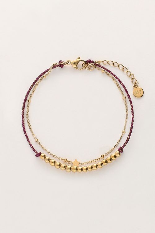 Minimalistische dubbele armband met paars koord en kralen