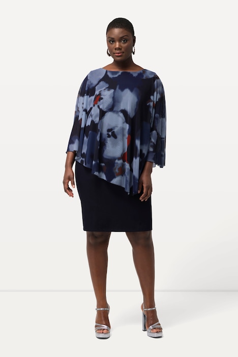 Kleid, Lagenoptik, Blüten, Rundhals, 3/4-Arm