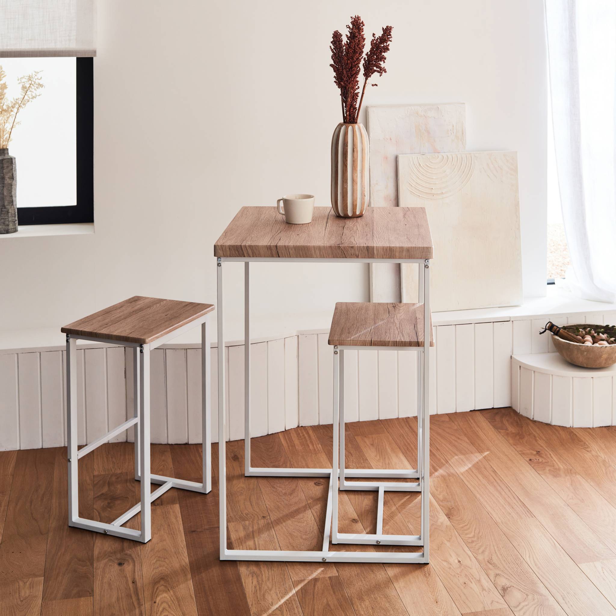 Set table haute carré - loft - avec 2 tabourets de bar. Acier et décor bois. Encastrable. Design