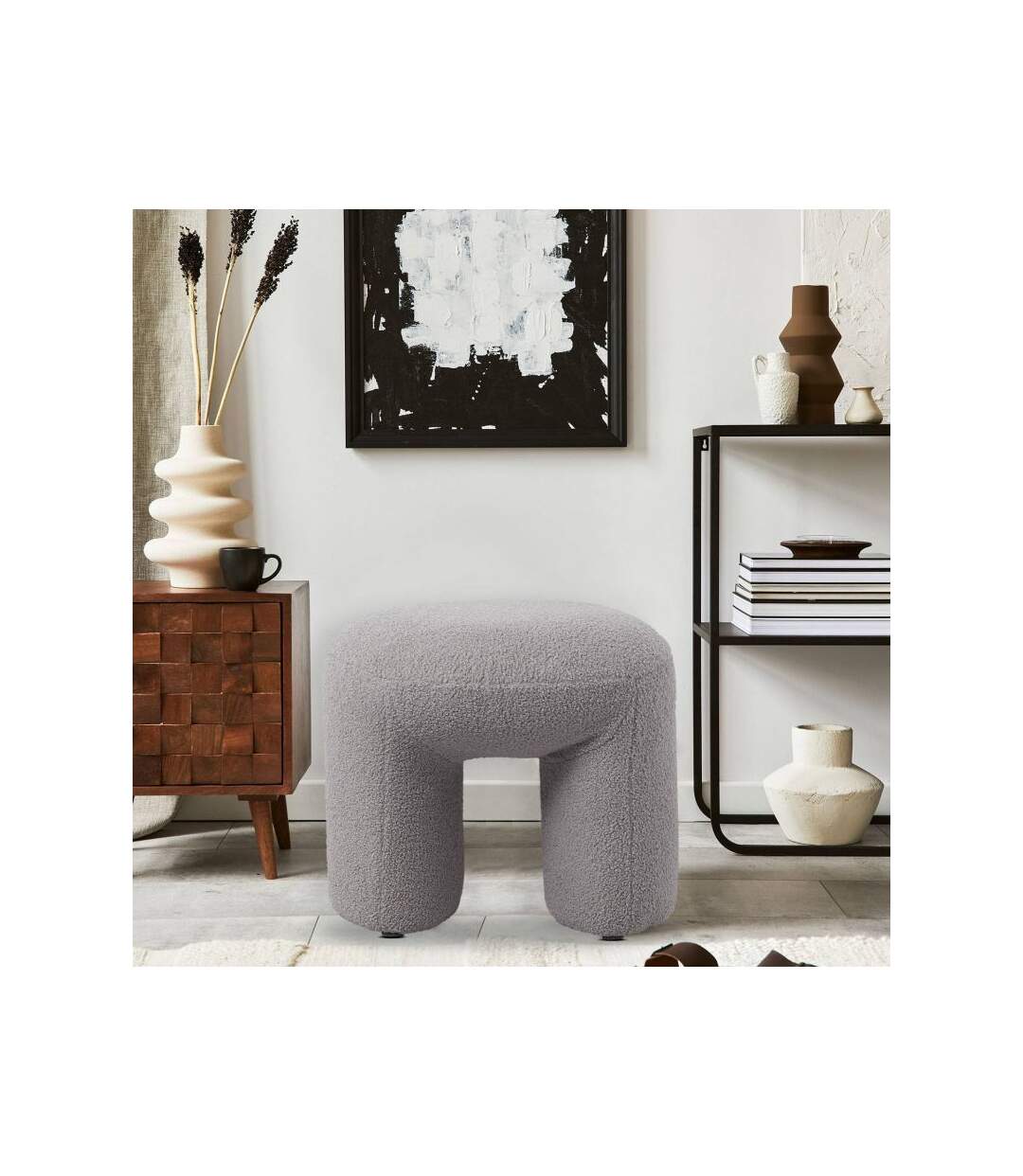 Paris Prix - Pouf Tissu Bouclette aria 46cm Gris