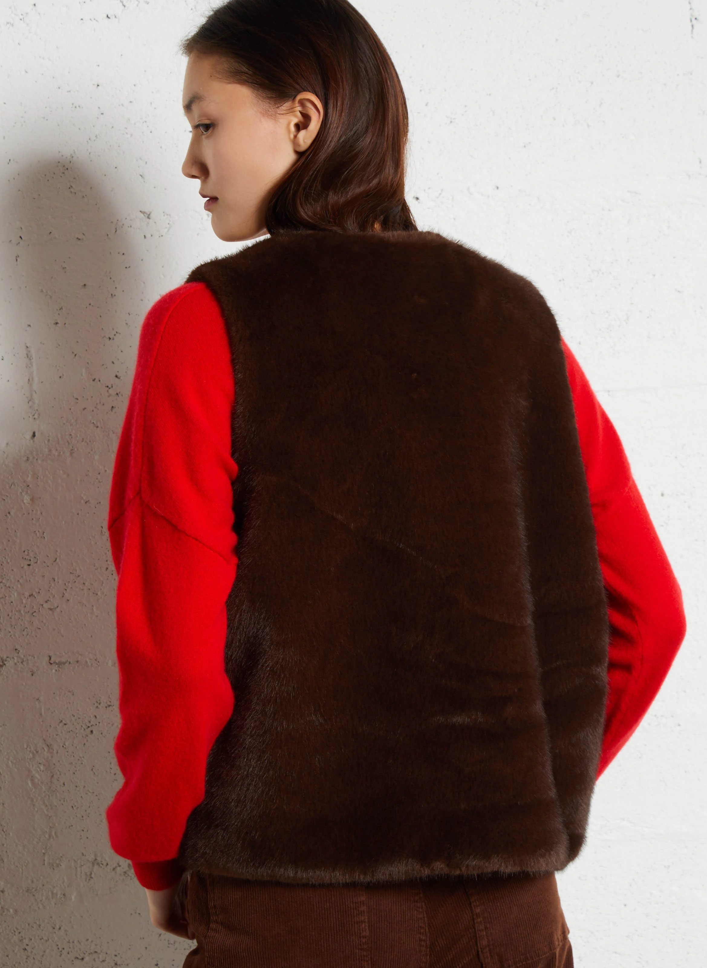 GUARANI - Veste col V effet fourrure| Marron