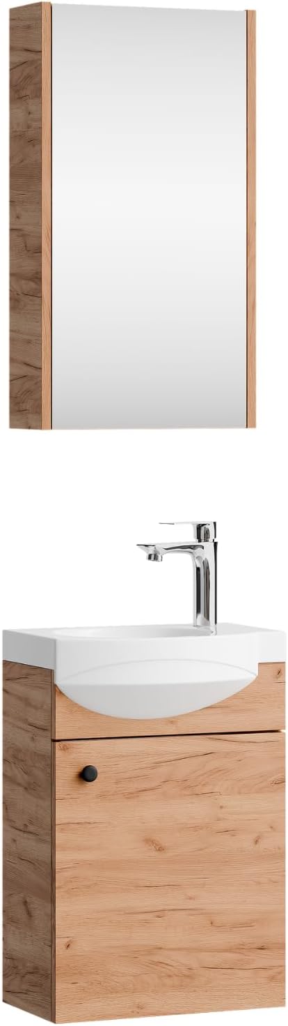 Planetmöbel Badmöbel Set Waschtisch mit Unterschrank 40 x 60 x 29 cm mit Spiegelschrank 40 cm für Badezimmer, Gäste WC & Bad, Gold Eiche