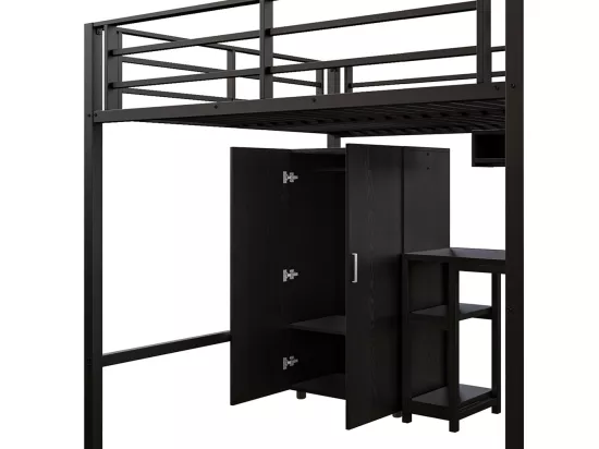 Lit en mezzanine 140*200 cm, armoire, étagères, échelle de rangement, bureau, sans matelas, noir