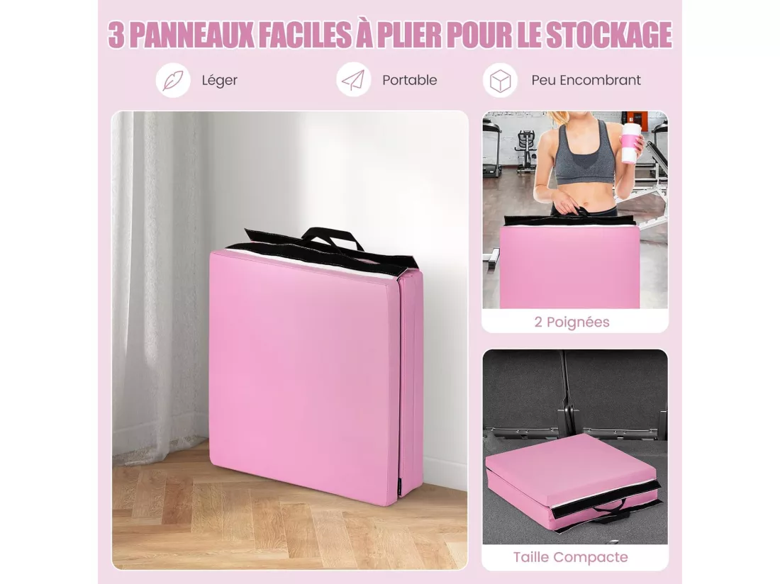 Tapis de Gymnastique Pliable Epais, Matelas d'Entrainement en Mousse et PU avec Poignées, pour Gymnastes Entraînements Sportifs Yoga, 180x60x5CM (Rose)