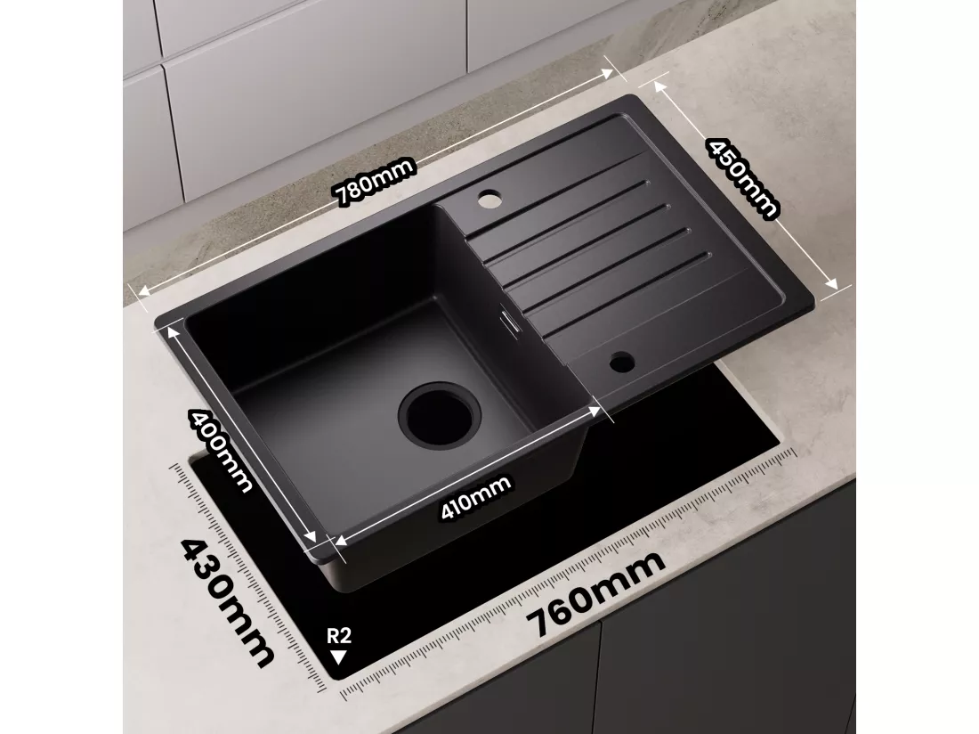 Evier 1 Bac en Quartz et Résine - Noir Evier avec Egouttoir 78x45cm + Mitigeur de Evier Noir Rrotatif à 360 °