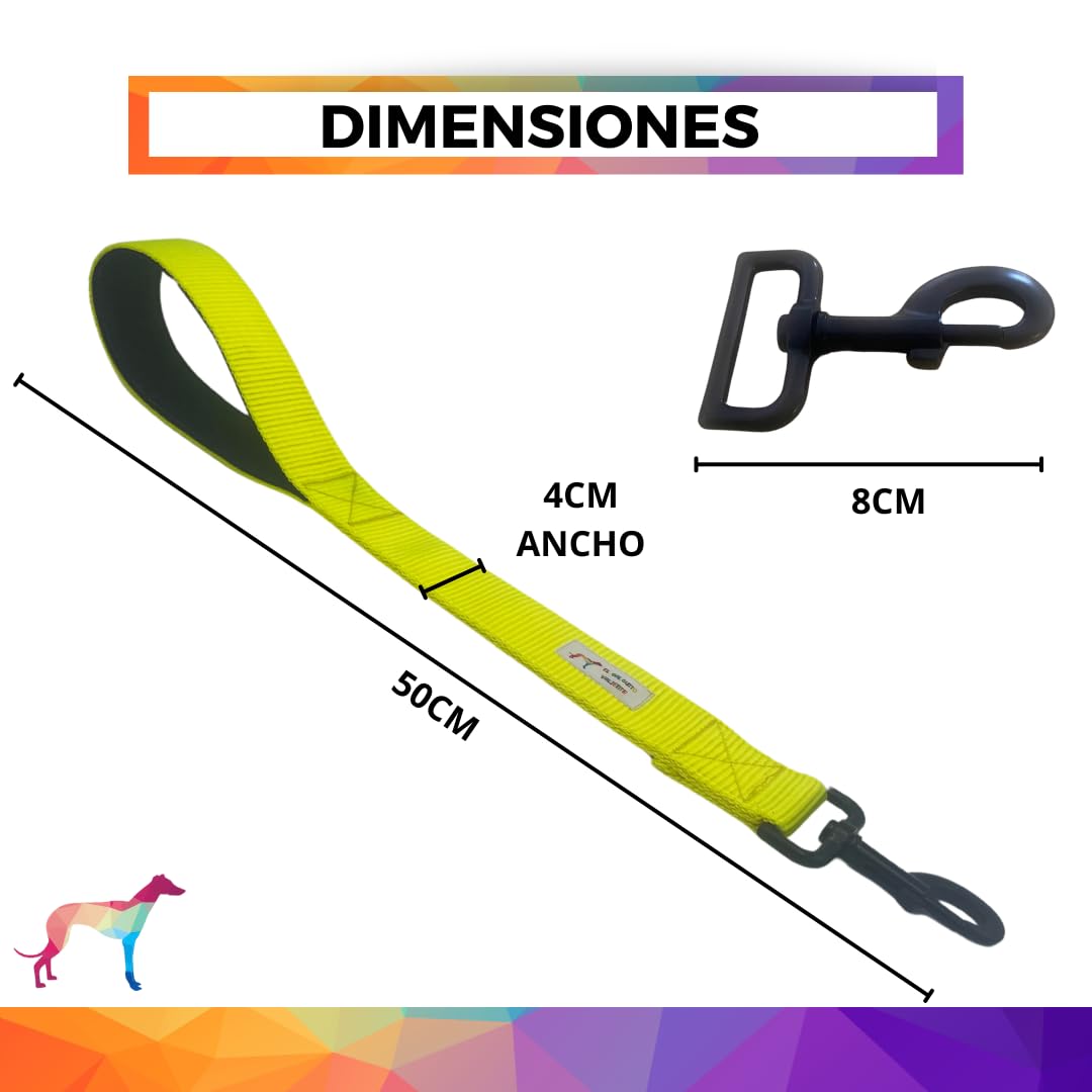 EGV - Guia curta para cães, 4 cm de largura, com alça de neoprene e mosquetão reforçado. 50 cm de comprimento. (Amarela)