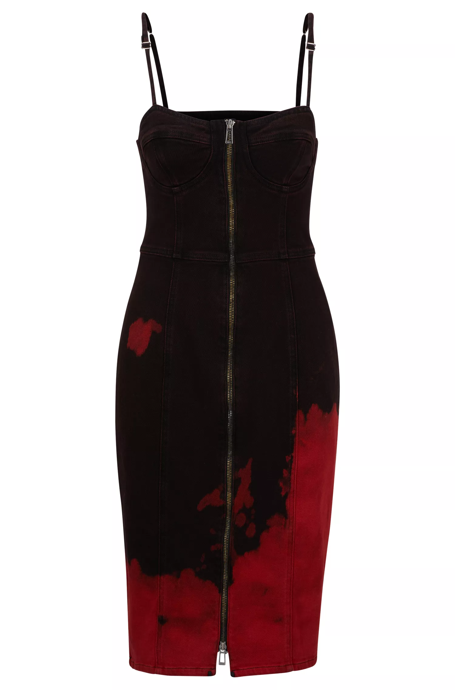 Vestido corset HUGO vermelho com zíper frontal em denim stretch degradê