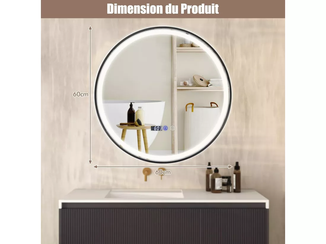 Miroir Salle de Bain LED à 3 Couleurs & Luminosité Réglable, Miroir Mural Anti-Buée, Miroir Lumineux avec Interrupteur Tactile et Fonction Mémoire, Affichage Temps/Température, 60 x 60 CM