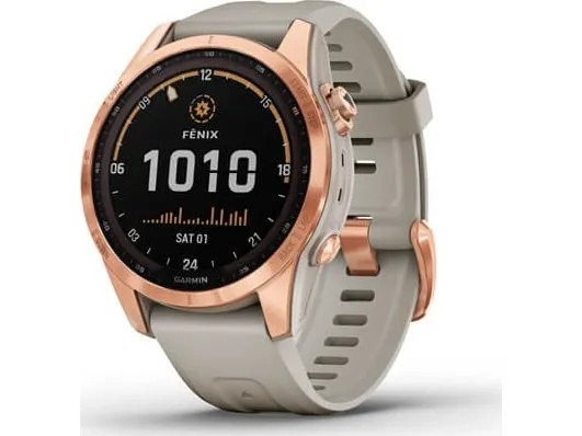 [OUTLET] - Garmin fenix 7S Solar - 42 mm - roseguld - sportsur med bånd - silikone - lyst sand - håndledsstørrelse: 108-182 mm - display 1.2