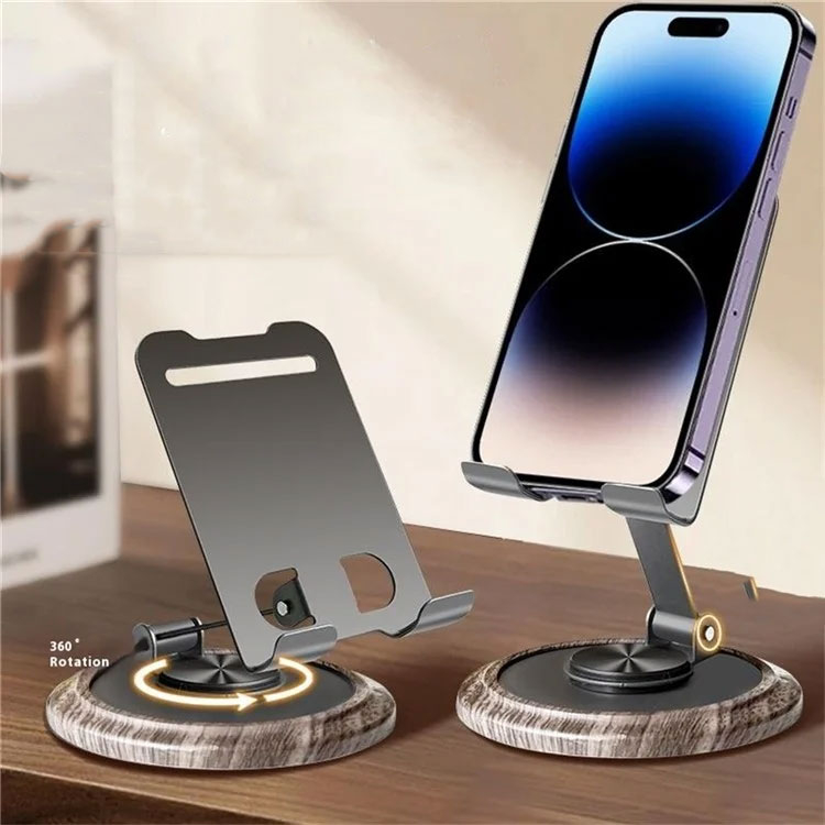 Universal Faltbare Carbon Smartphone Tischständer Halterung mit 360° Rotation mit Holz-Optik Basis - Grau