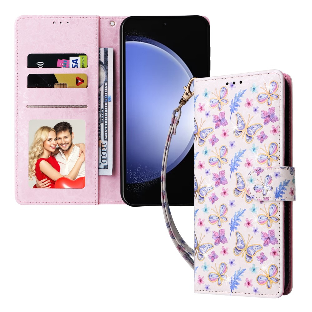 Samsung Galaxy S23 FE Leder Tasche mit Kartenfächer - Glitzer Blumen & Schmetterlinge