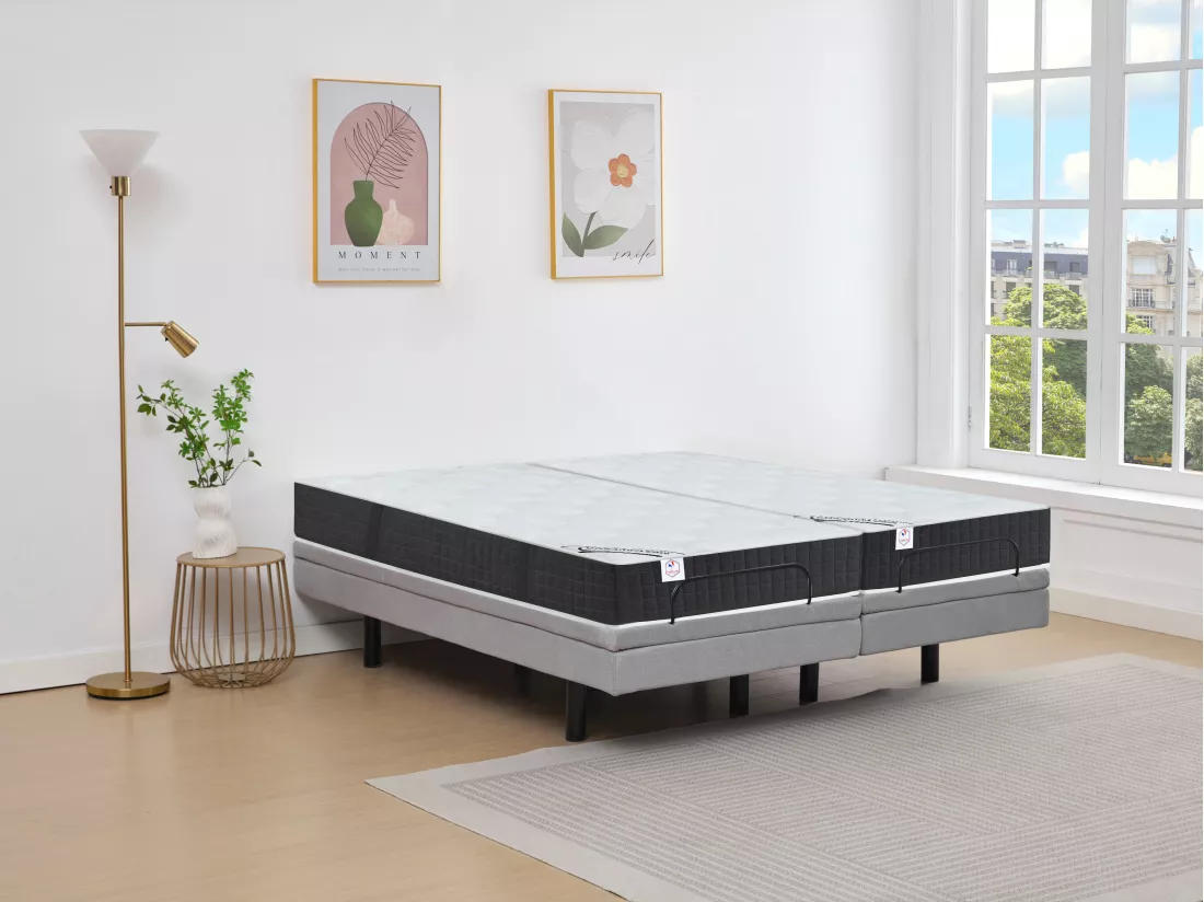 Lit électrique de relaxation déco + matelas ressorts ensachés et mémoire de forme - 2 x 90 x 200 cm - Tissu - Gris - RIZALI de YSMÉE