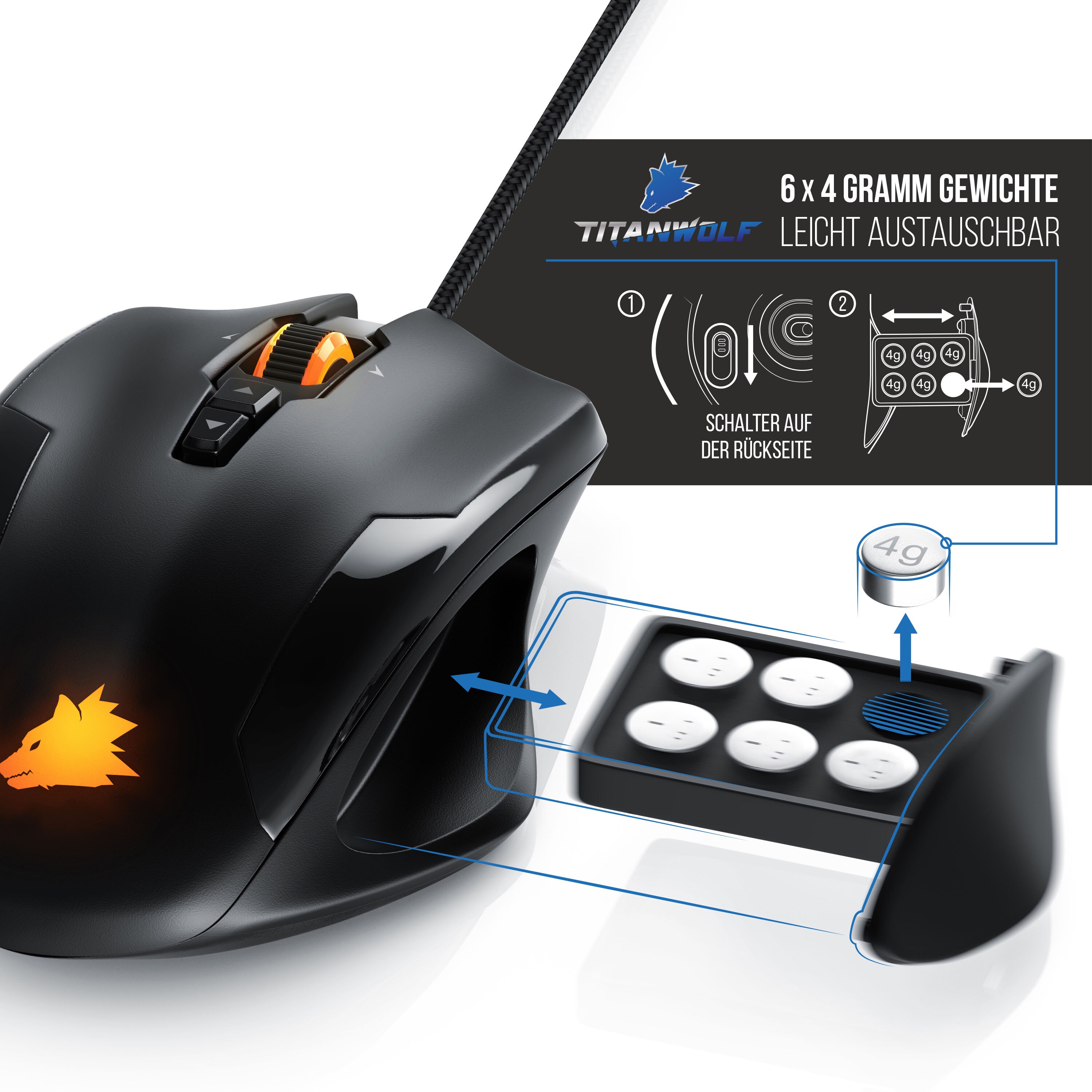 Titanwolf Gaming-Maus kabelgebunden, USB Gaming Laser Mouse mit 10800 dpi, RGB LEDs, Gewichts-Justierung