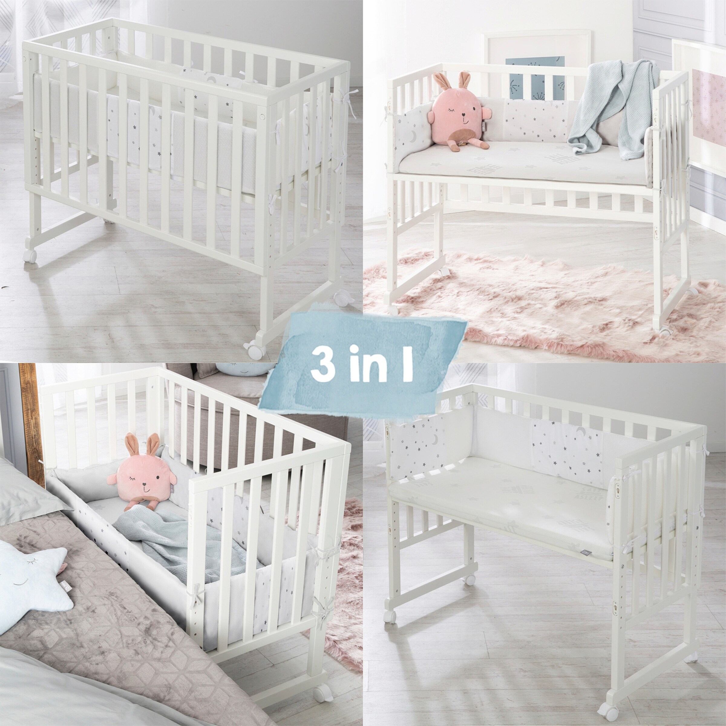 roba Stuben- & Beistellbett 3in1 mit Barriere  Sternenzauber grau safe asleep®