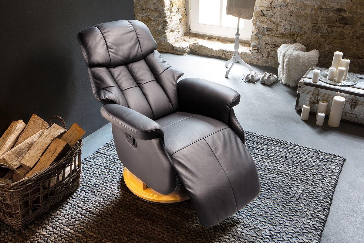 Robas Lund Relaxsessel Calgary Comfort L , bis 130 kg belastbar, drehbarer Fernsehsessel mit Liegefunktion, Echtleder braun, Gestell Holz natur