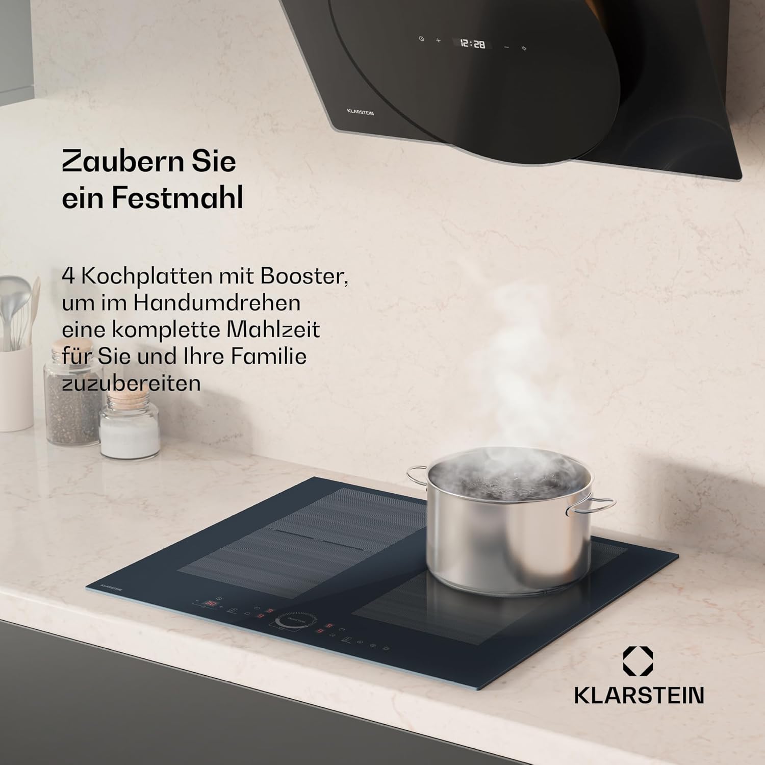 Klarstein Delicatessa 60 Induktionskochfeld – 4-Zonen-Einbaukochfeld, 7.000 W Mit Flexizone Und Thermoboost, Schieberegler, Kindersicherung, Glaskeramik Schwarz, 59-cm-Design