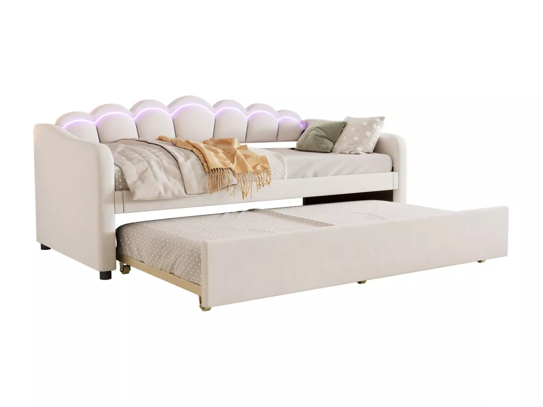 Lit gigogne 90 x 200 cm + lit 90 x 190 cm, canapé-lit - velours - LEDs - coloris beige (sans matelas)