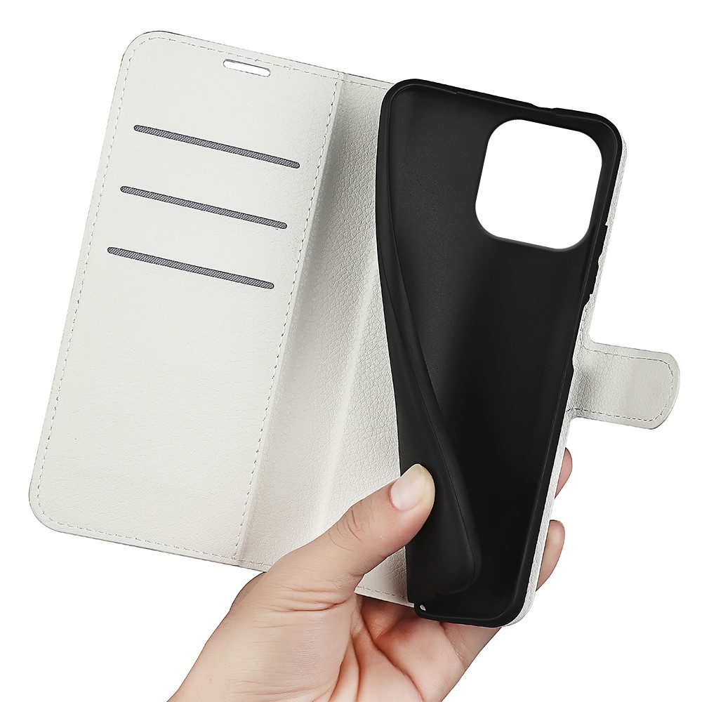 iPhone 16 Pro Leder Tasche Flip Cover Litchi Look - Weiss