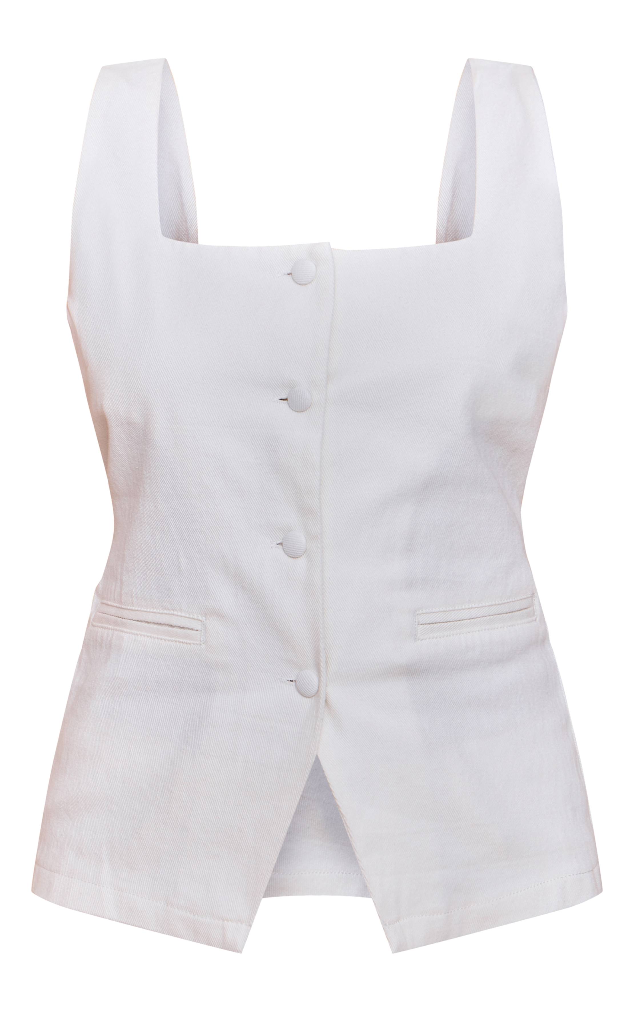 Blanc Top En Denim À Boutons Recouverts Et Liens Dans Le Dos