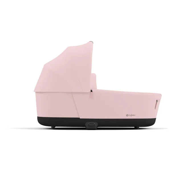 Carrinho de bebê Cybex Priam V4 na cor rosa pêssego com estrutura preta fosca