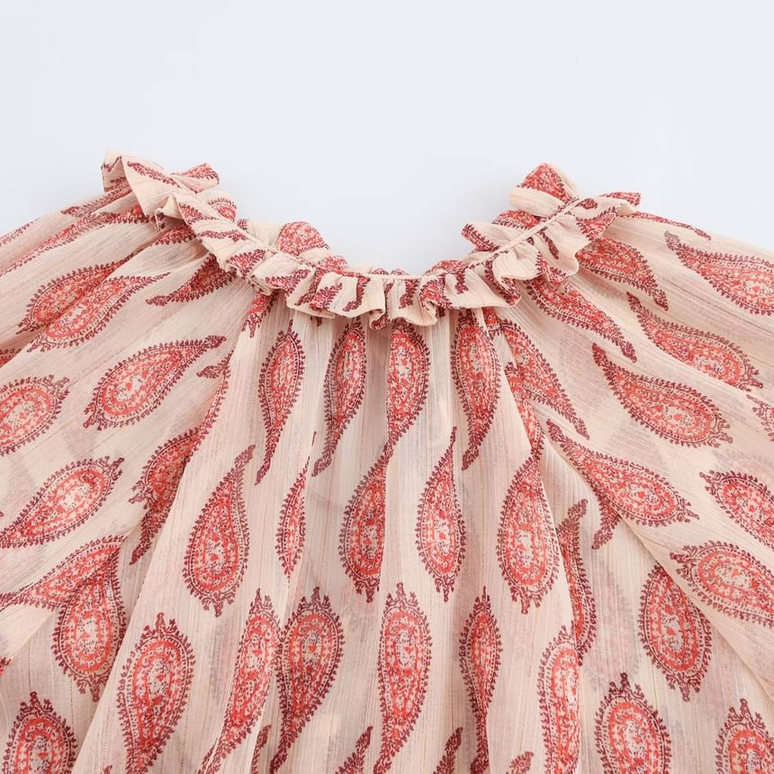 Avauntgardo - Blouse met lange mouwen, opstaande kraag, paisleyprint, volant en strik aan de voorkant