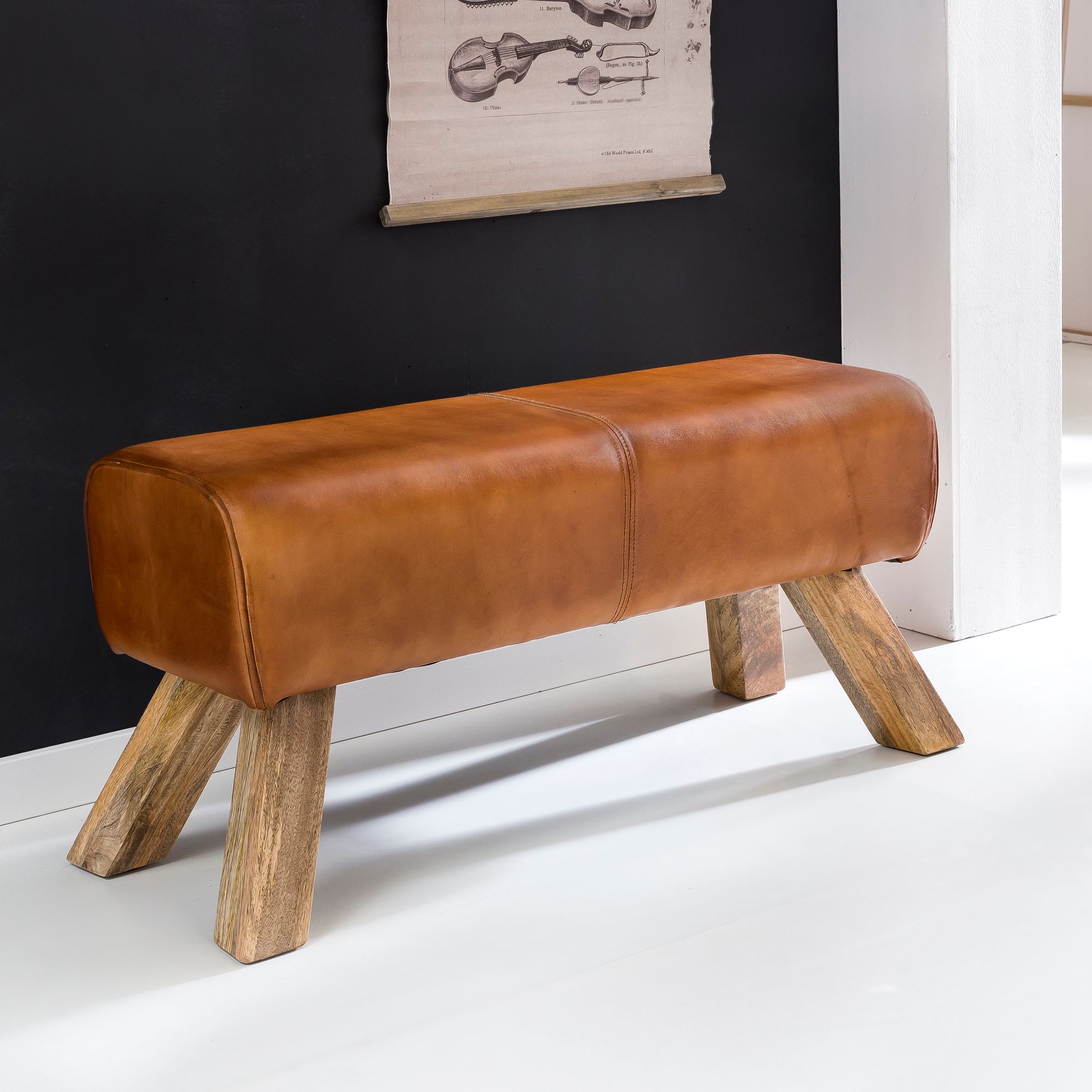 KADIMA DESIGN Sportlicher Sitzhocker, Braun, Leder, Mango-Holz, 90x30x43 cm - Modern & Stabil